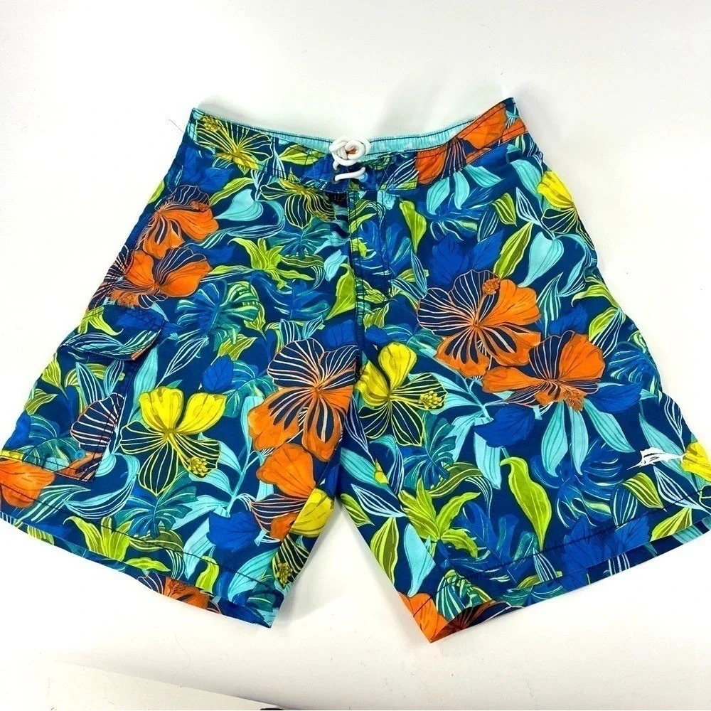 Tommy Bahama Mens Blue‎ Orange Tropical  Floral Board Shorts Swim Trunks Small